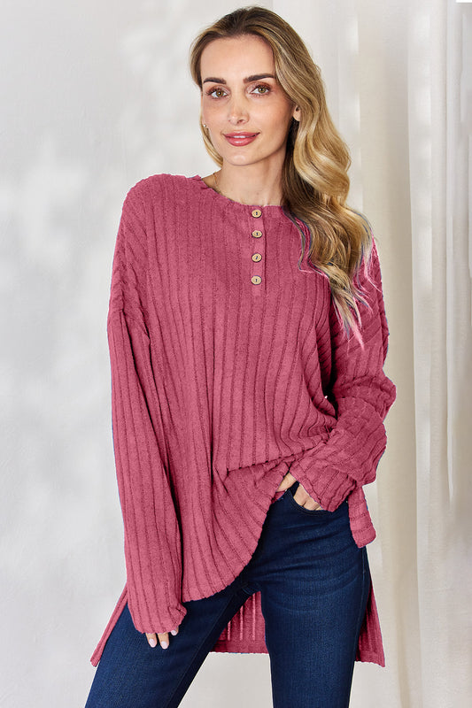 Country Morning Ribbed Button Long Sleeve High-Low T-Shirt