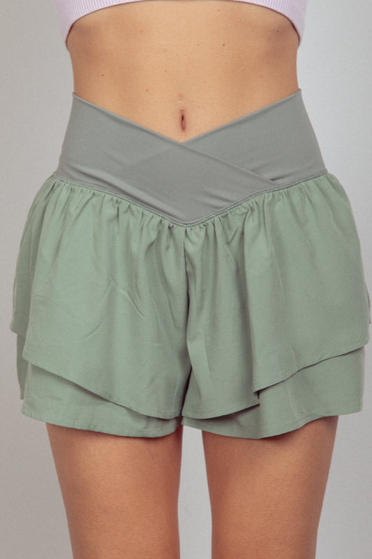 Womens Sage Green V-Shaped High Waist Layered Active Shorts