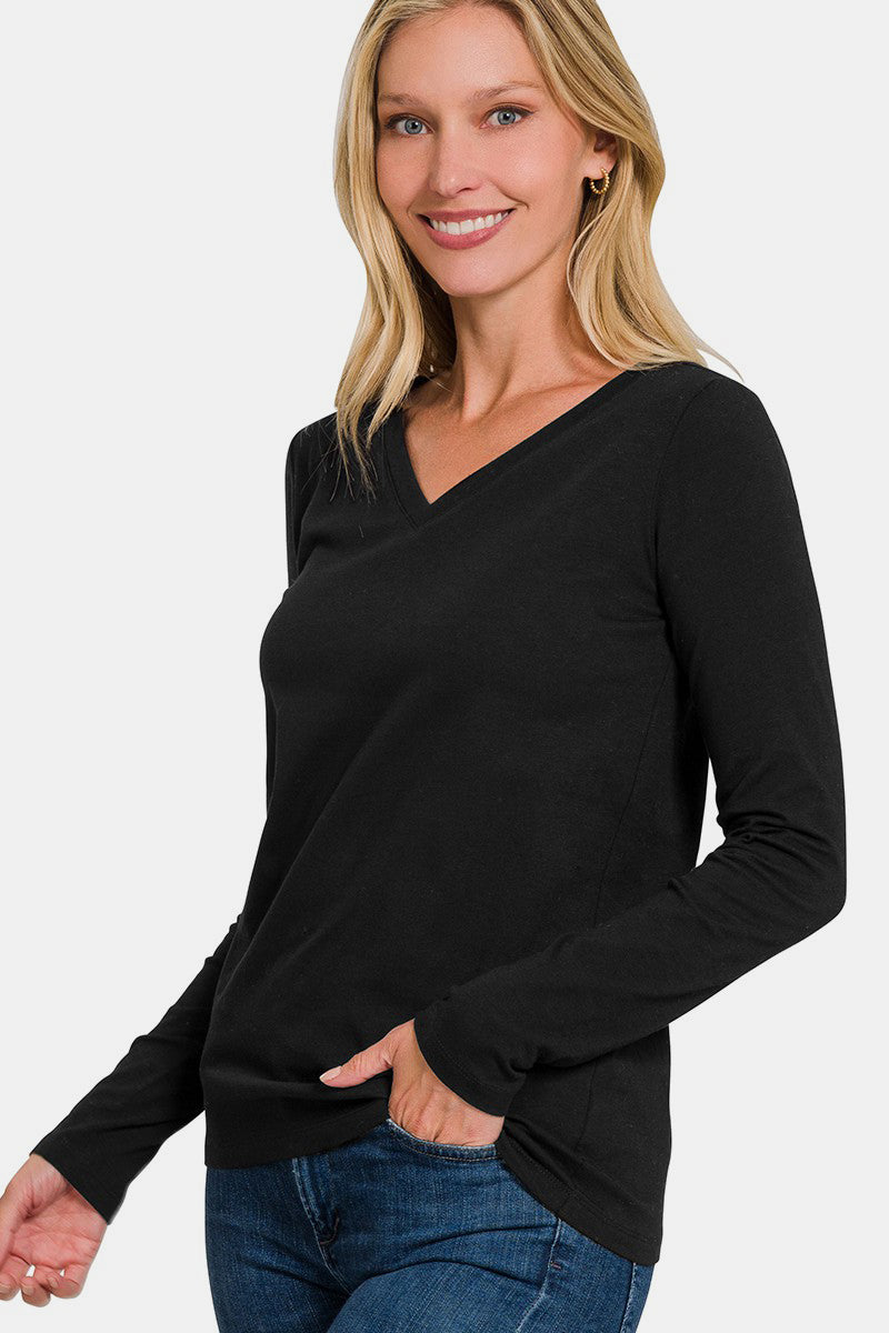 Women's Black Basic V-Neck Long Sleeve T-Shirt