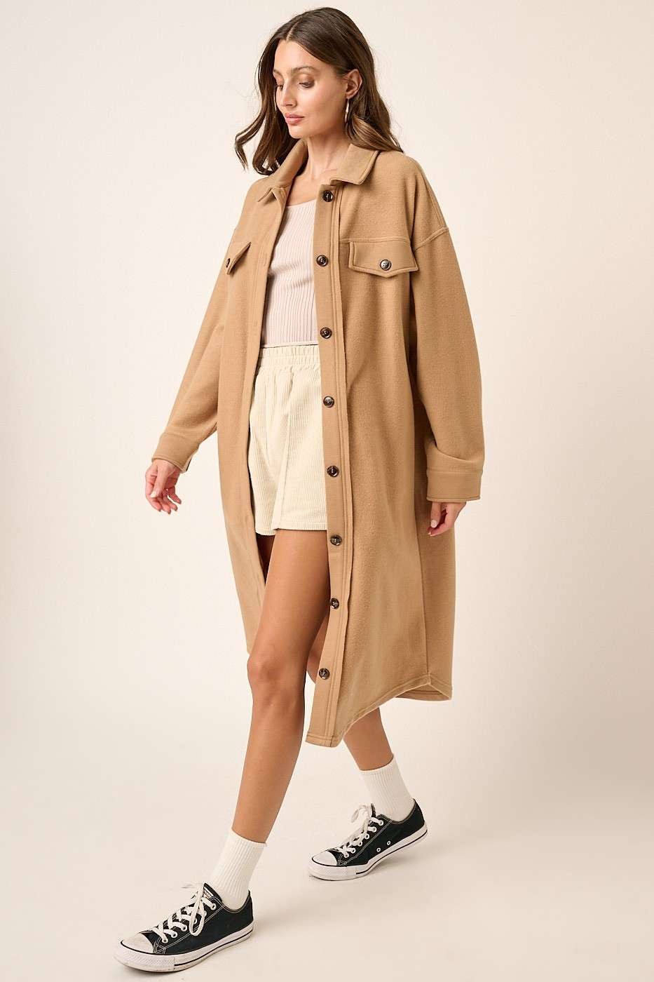 Women's Khaki Beige Long Button Up Coat with Collar and Pockets