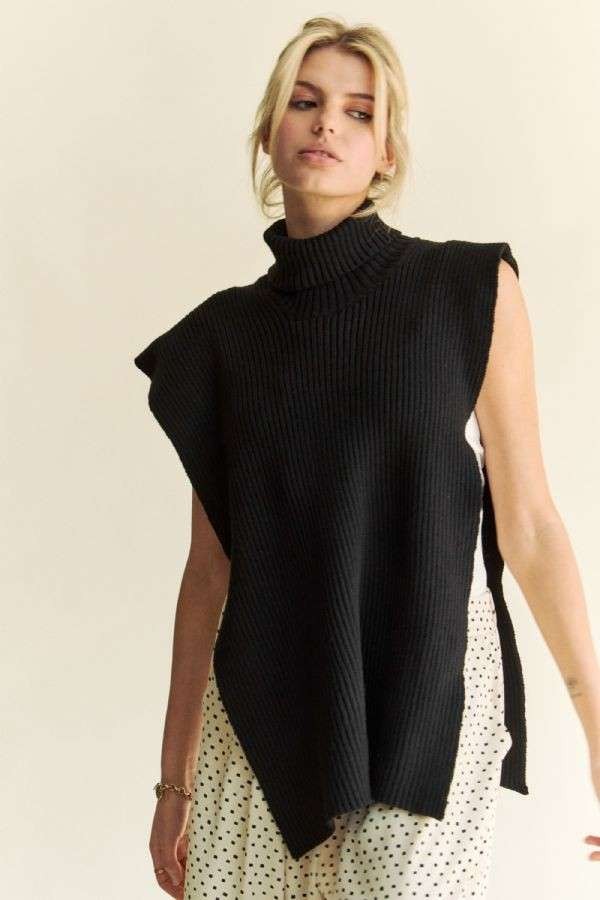 Women's Black Ribbed Sideless Turtleneck Sweater