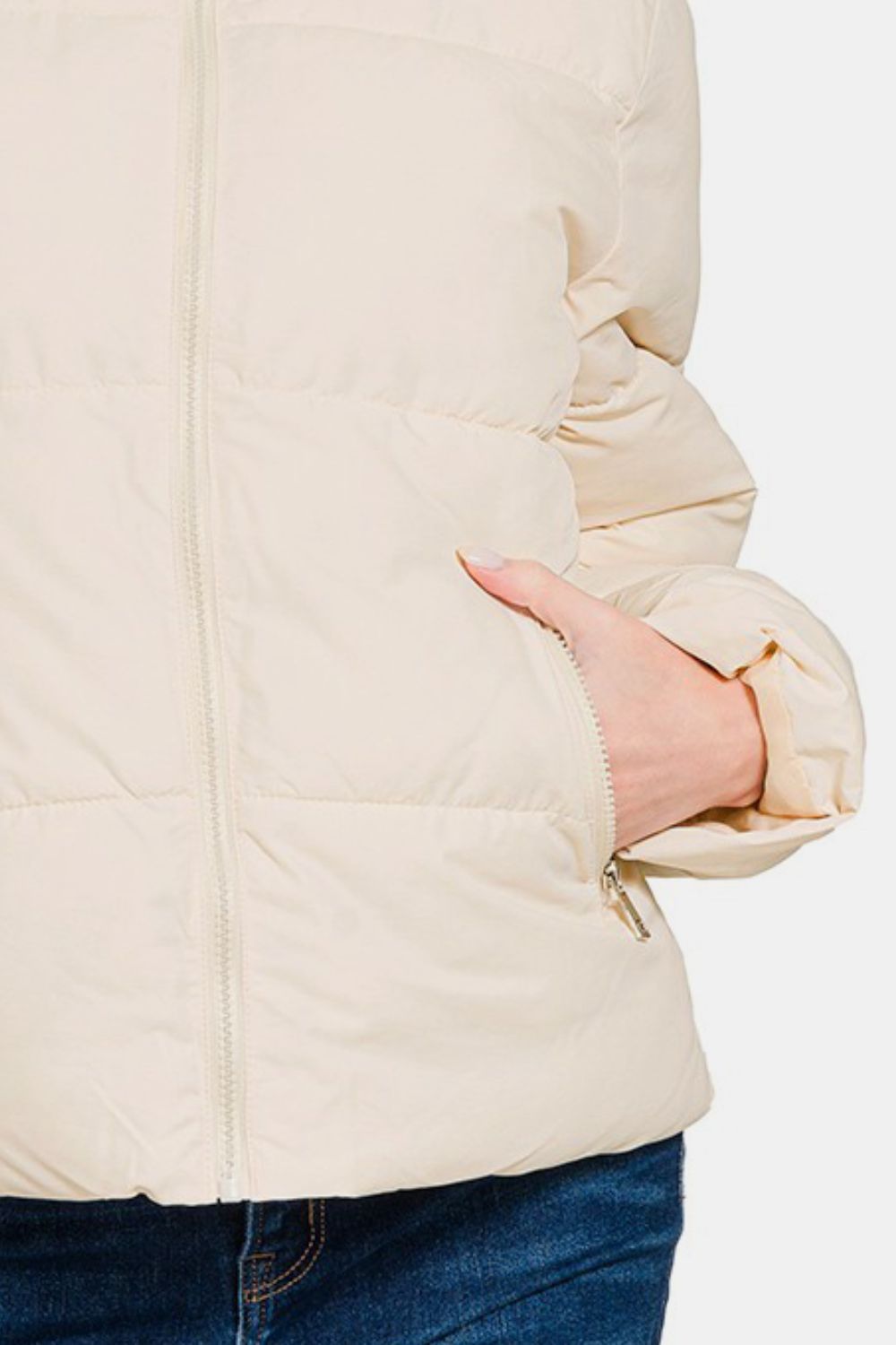 Women's Cream White Zip Up Turtleneck Puffer Jacket with Pockets