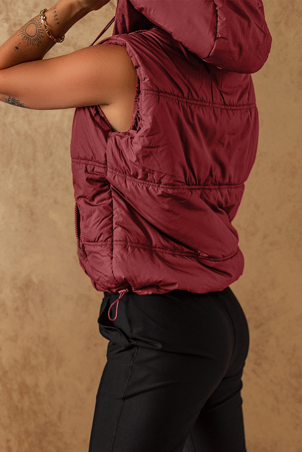 Womens Burgundy Red Drawstring Zip Up Hooded Vest Coat