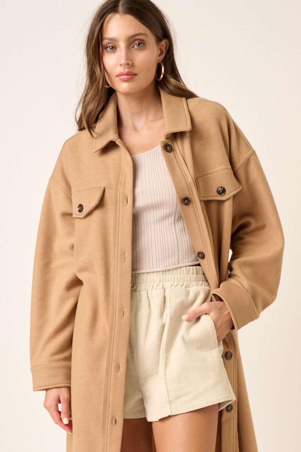Women's Khaki Beige Long Button Up Coat with Collar and Pockets