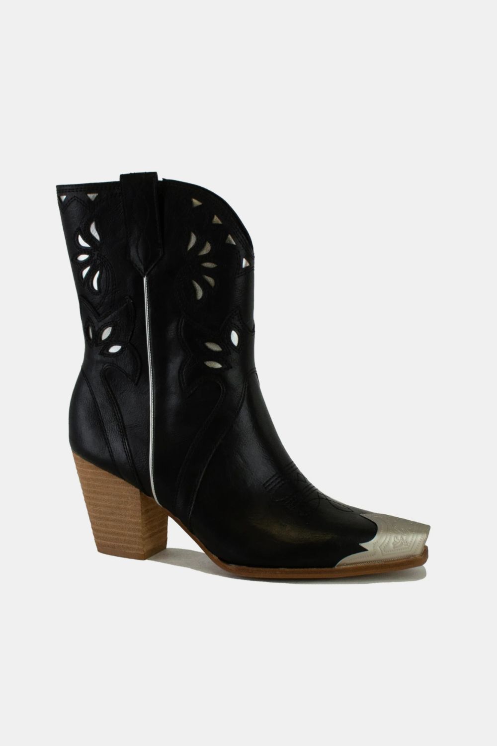 Women's Black Daisy Cowboy Boots with Wood Heel and Metal Toe