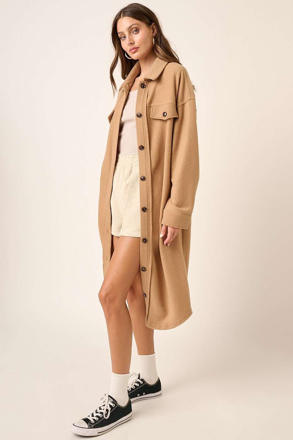Women's Khaki Beige Long Button Up Coat with Collar and Pockets
