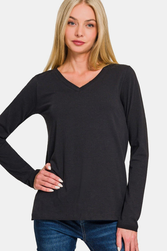 Women's Black Basic V-Neck Long Sleeve T-Shirt