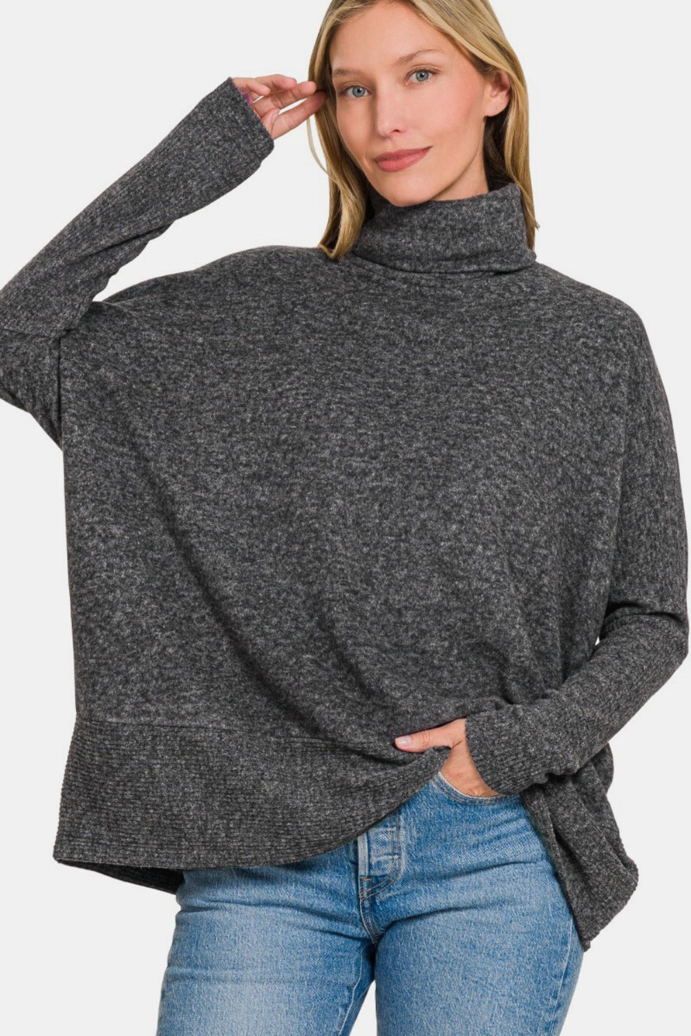 Women's Dark Gray Brushed Oversized Turtleneck Sweater