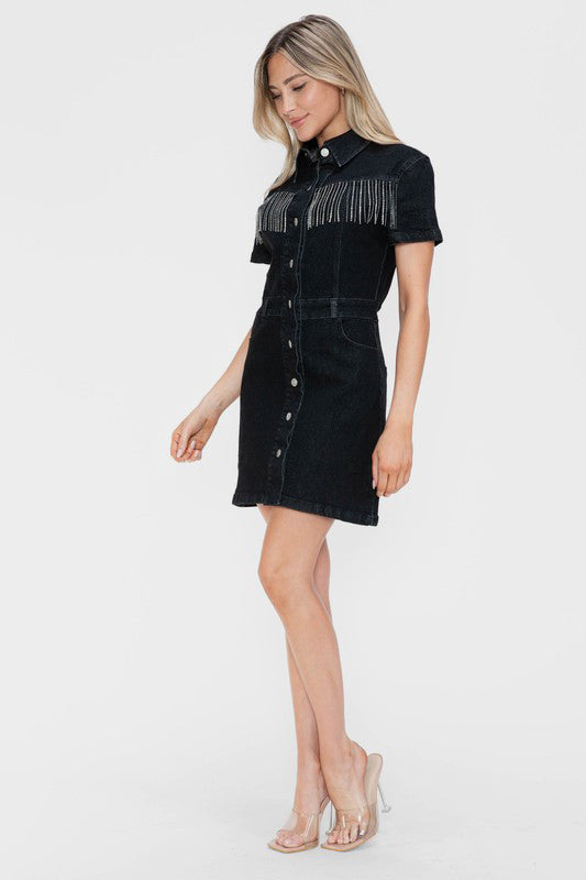 Women's Black Denim Button Up Dress with Rhinestone Fringe and Collar