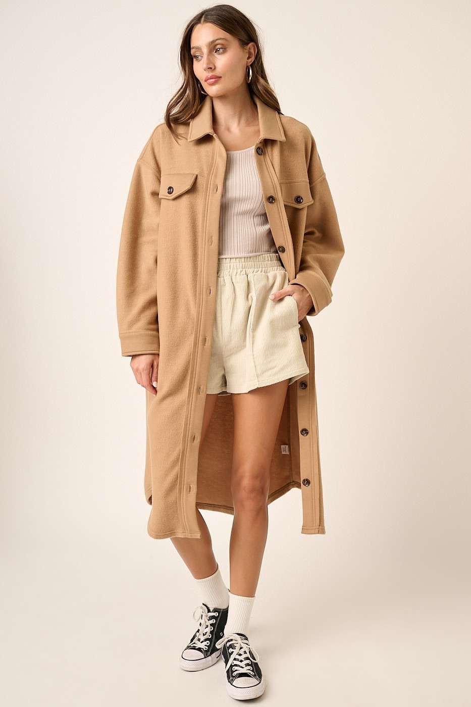 Women's Khaki Beige Long Button Up Coat with Collar and Pockets