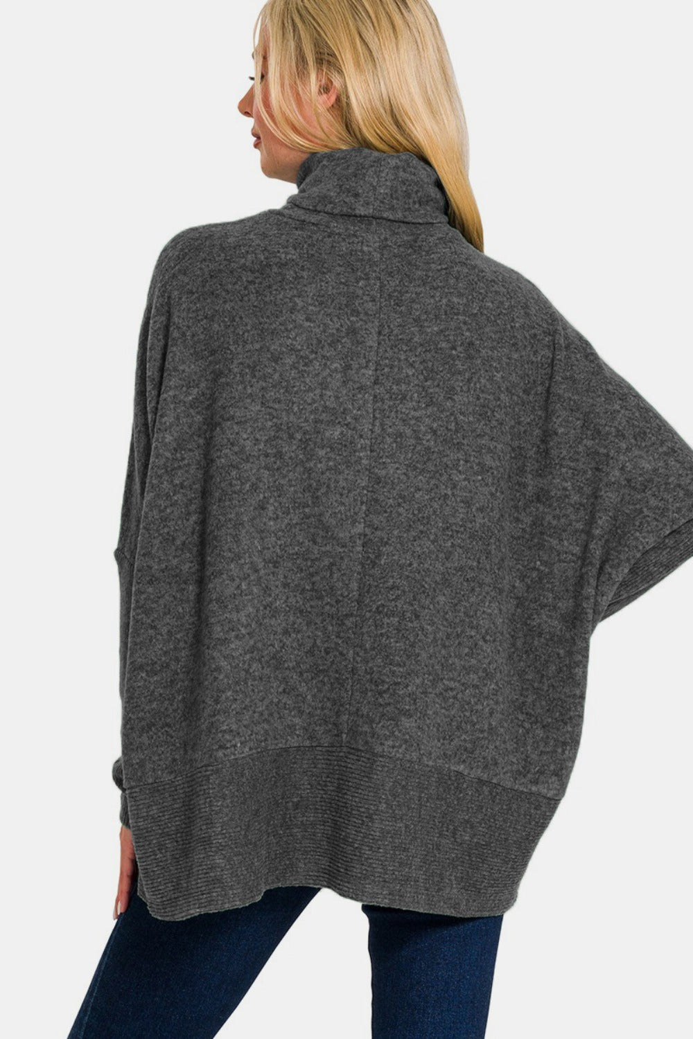 Women's Dark Gray Brushed Oversized Turtleneck Sweater
