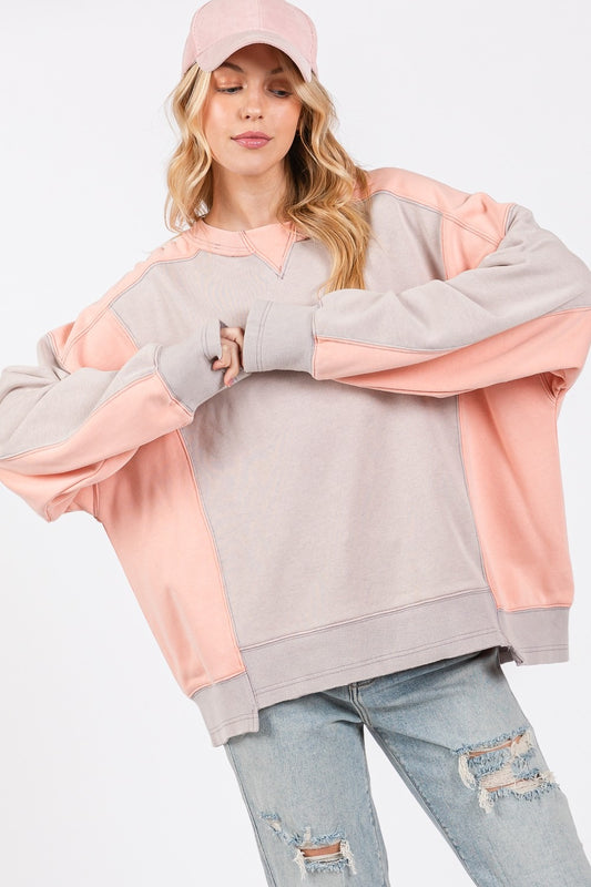 Women's Pink Grey Oversized Two Toned Sweater
