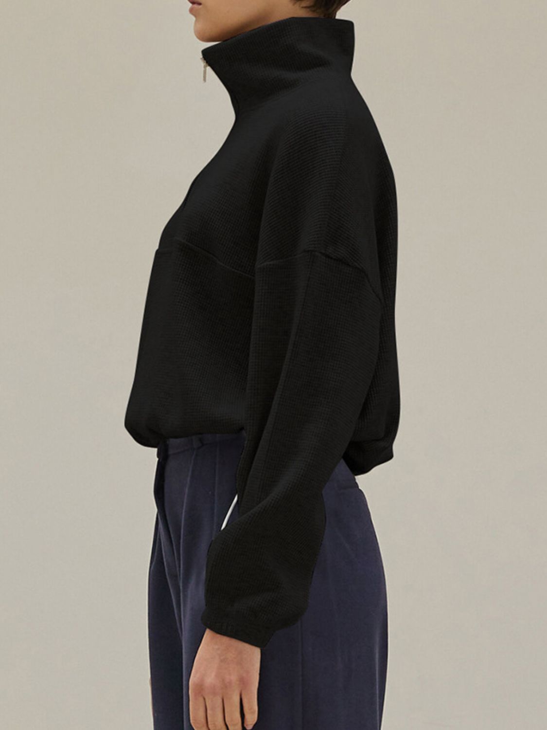 Women's Digi Knit Drawstring Waist Half Zip Relaxed Turtleneck Long Sleeve Sweater