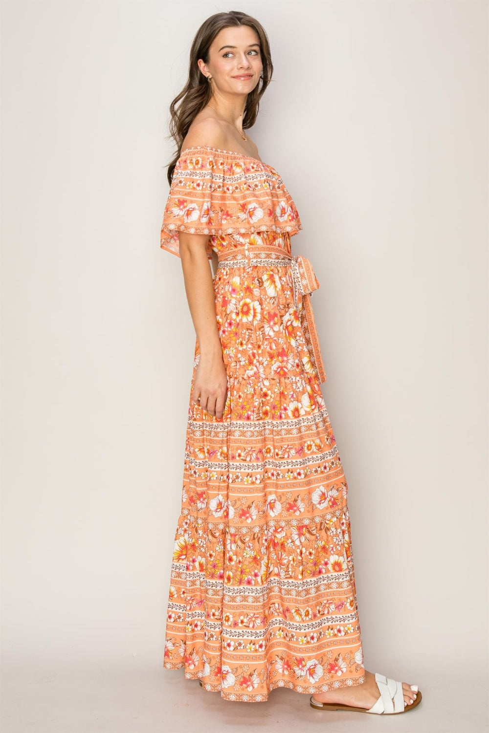 Womens Floral Off-Shoulder Ruffled Tie Front Maxi Dress