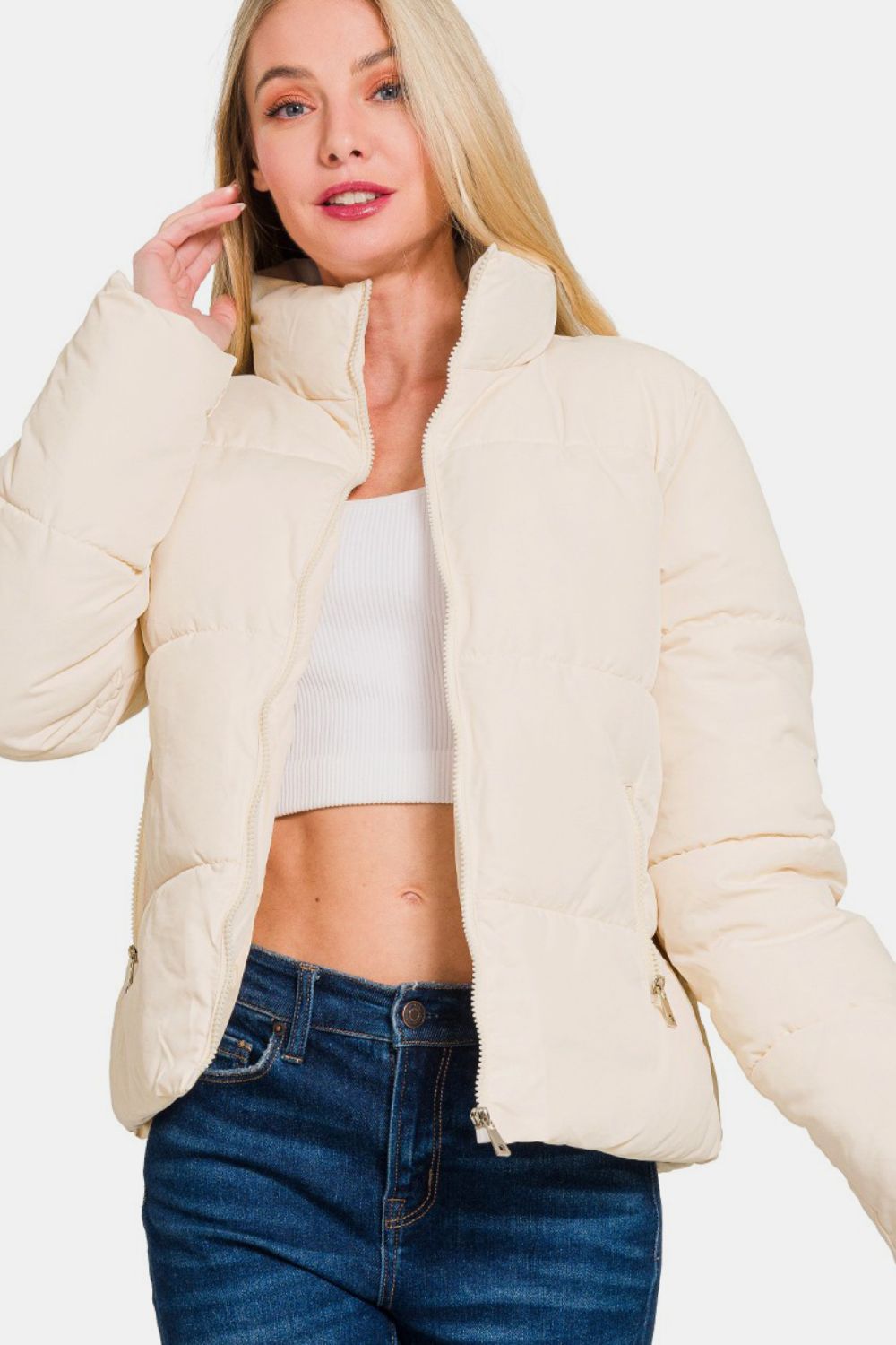 Women's Cream White Zip Up Turtleneck Puffer Jacket with Pockets