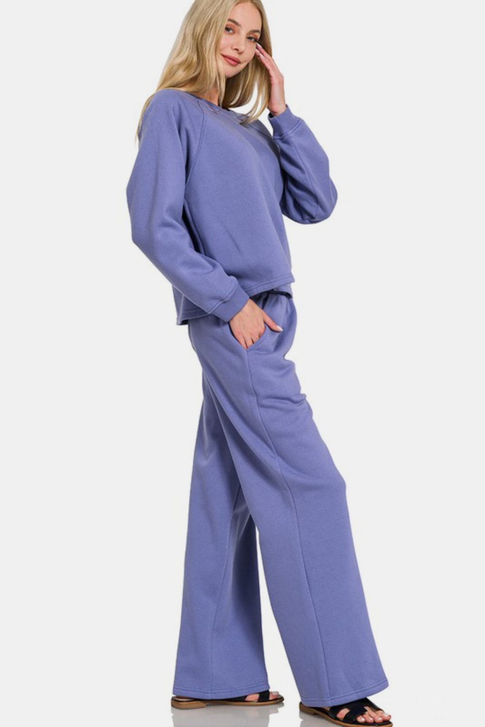 Women's Blue Long Sleeve Top and Elastic Waist Pants Lounge Set