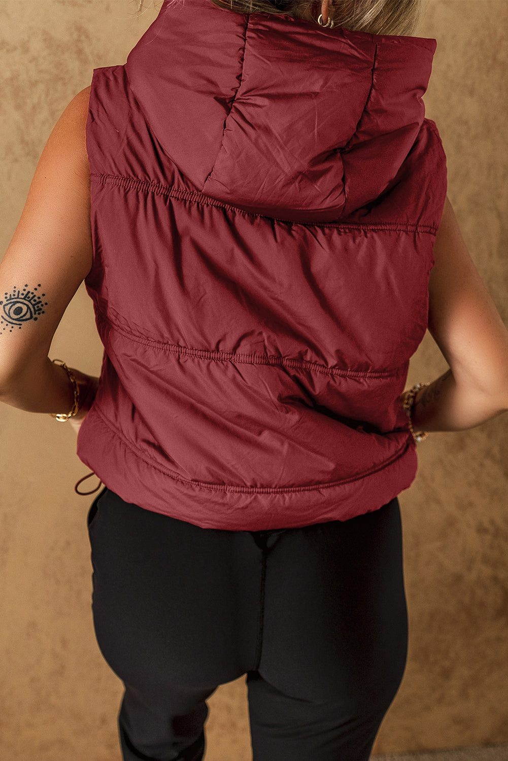 Womens Burgundy Red Drawstring Zip Up Hooded Vest Coat