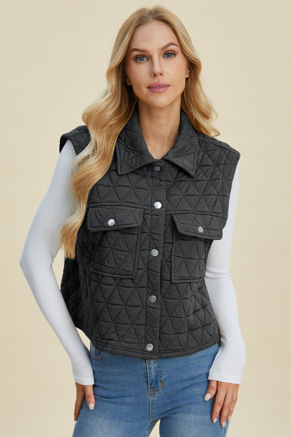Women's Country Quilt Collared Button Up Vest with Pockets