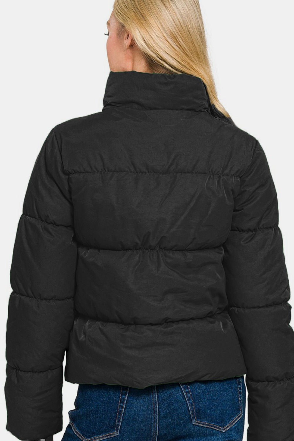 Women's Black Zip Up Turtleneck Puffer Jacket with Pockets