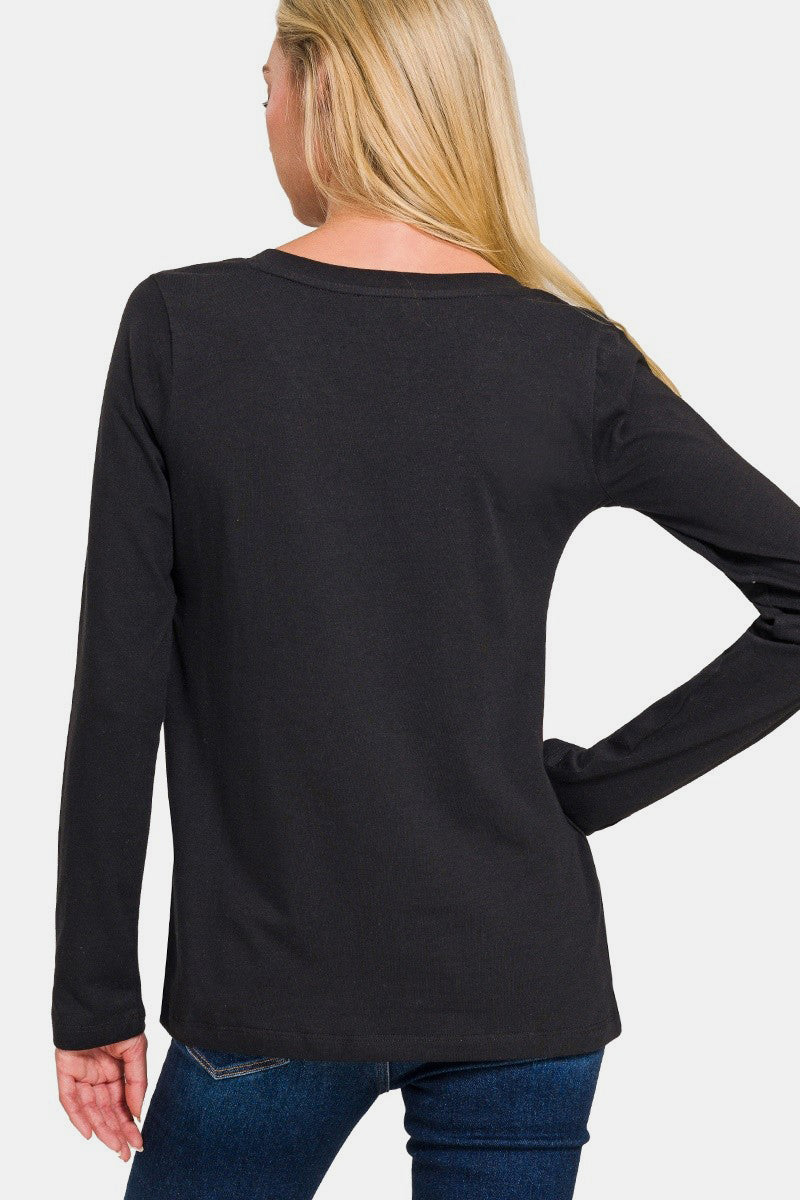 Women's Black Basic V-Neck Long Sleeve T-Shirt