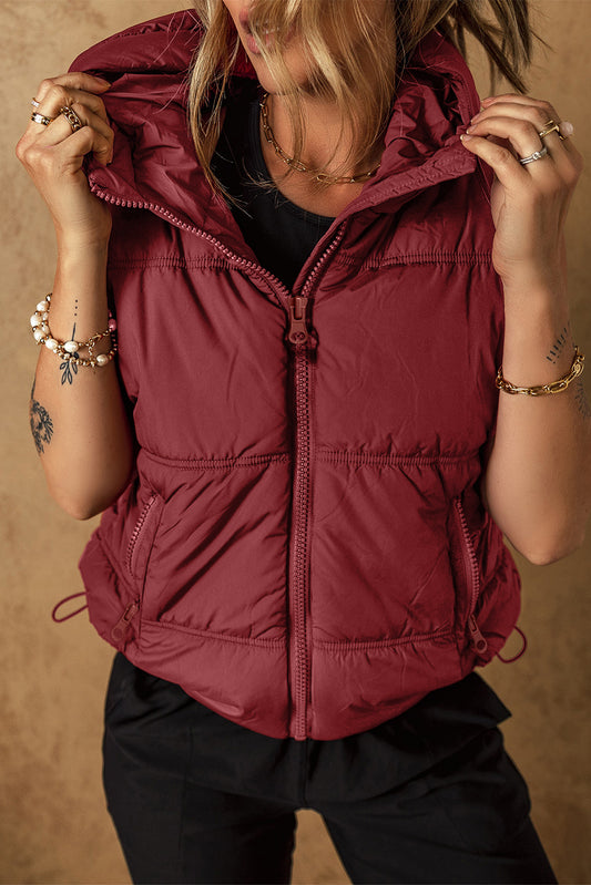 Womens Burgundy Red Drawstring Zip Up Hooded Vest Coat