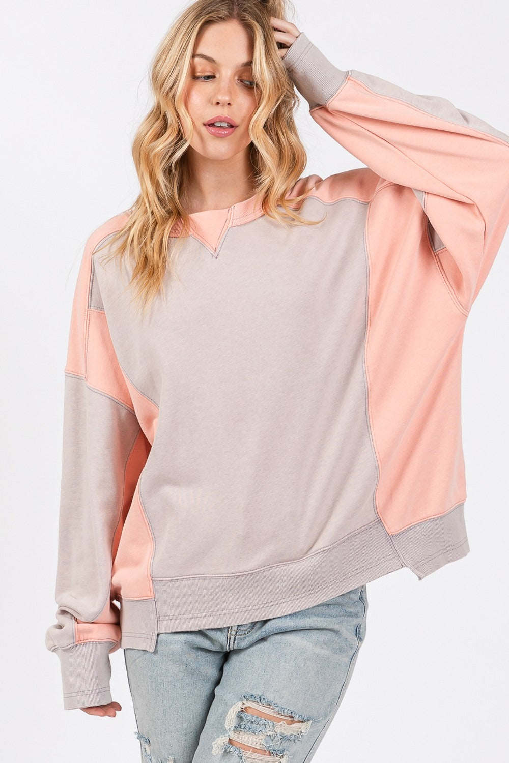 Women's Pink Grey Oversized Two Toned Sweater
