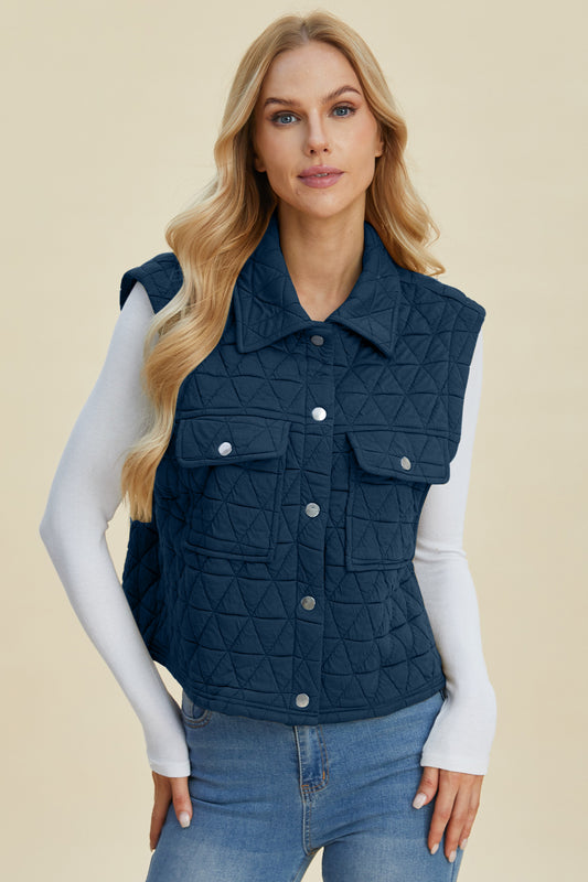 Women's Country Quilt Collared Button Up Vest with Pockets