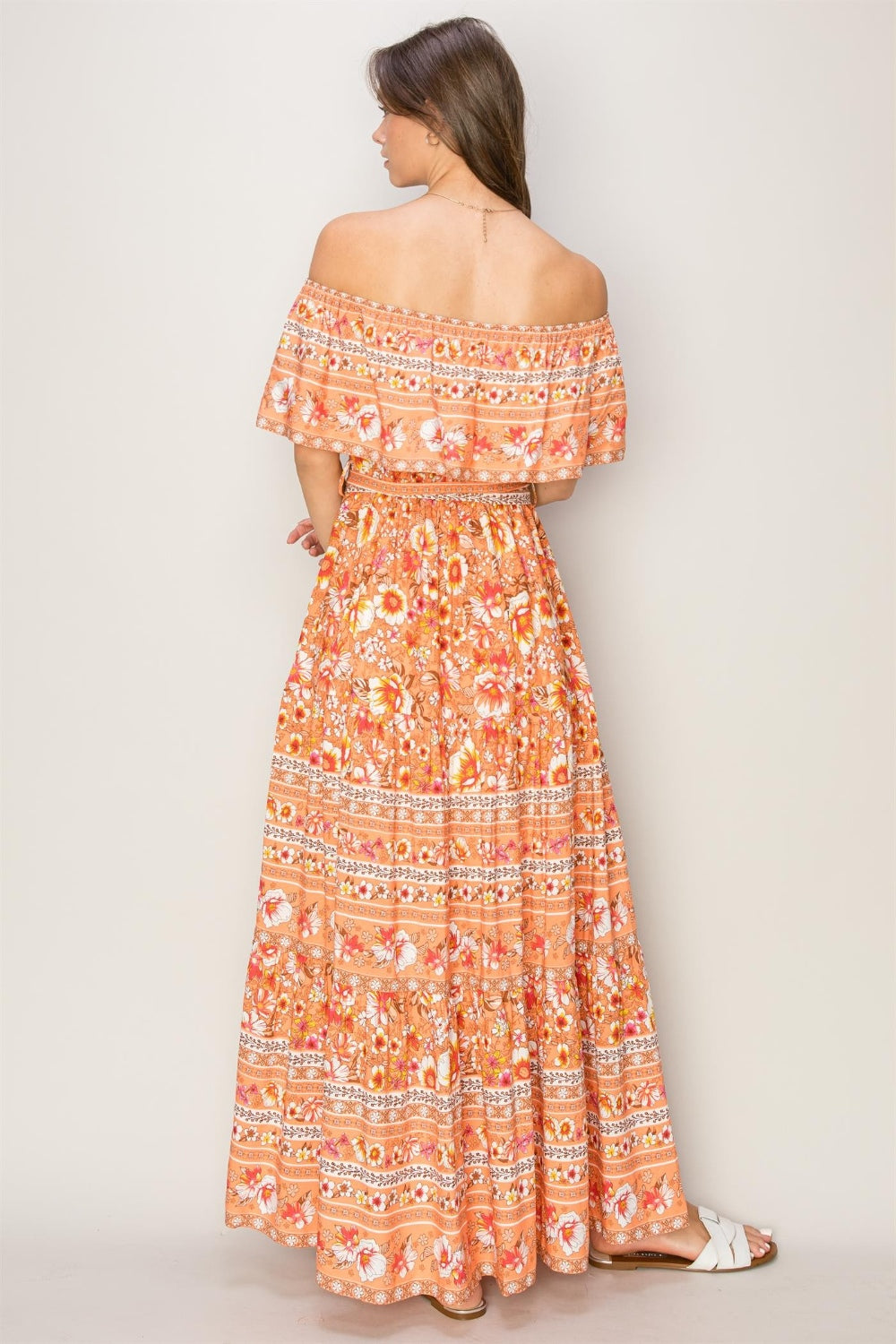 Womens Floral Off-Shoulder Ruffled Tie Front Maxi Dress