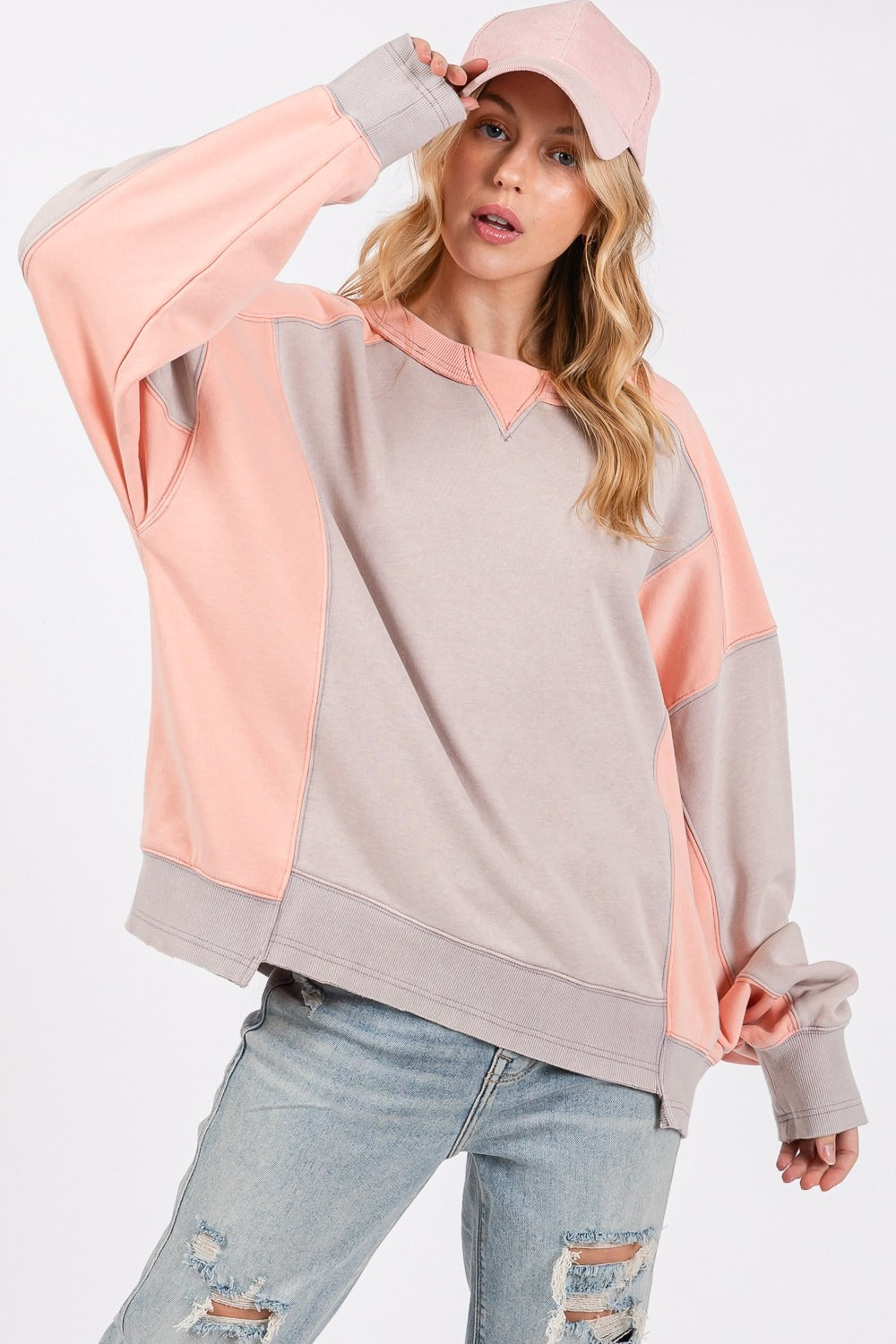 Women's Pink Grey Oversized Two Toned Sweater