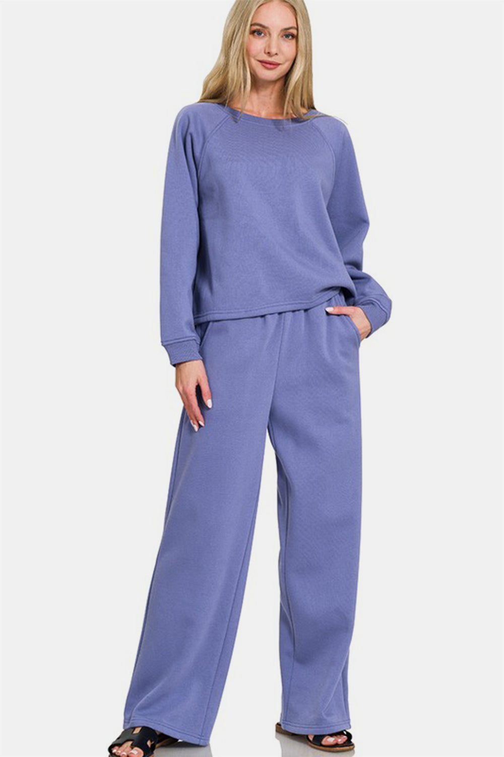 Women's Blue Long Sleeve Top and Elastic Waist Pants Lounge Set