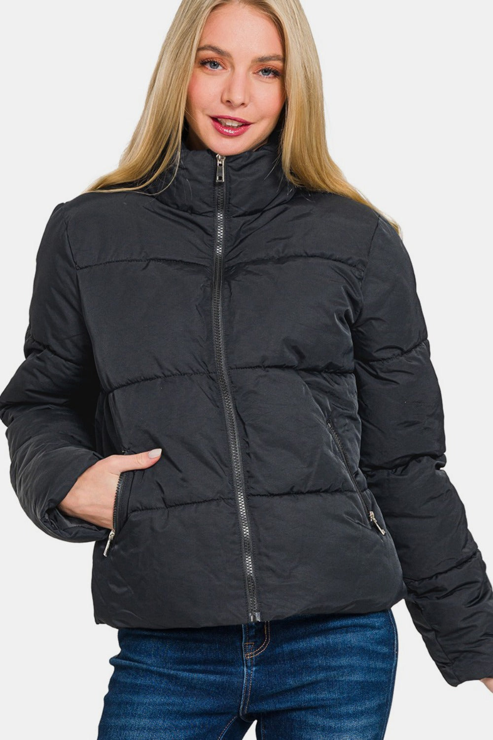 Women's Black Zip Up Turtleneck Puffer Jacket with Pockets