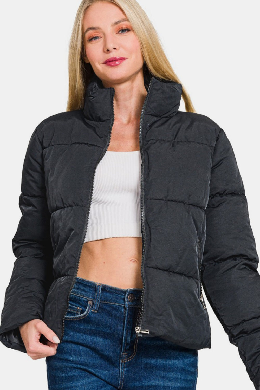 Women's Black Zip Up Turtleneck Puffer Jacket with Pockets