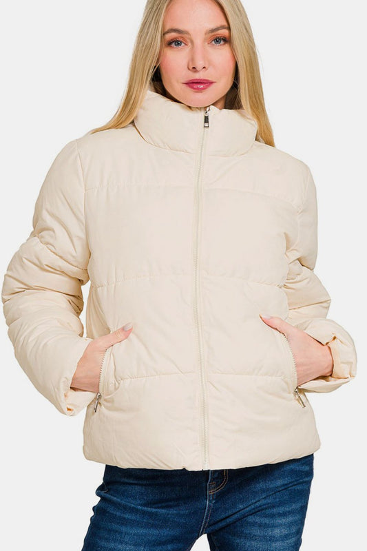 Women's Cream White Zip Up Turtleneck Puffer Jacket with Pockets