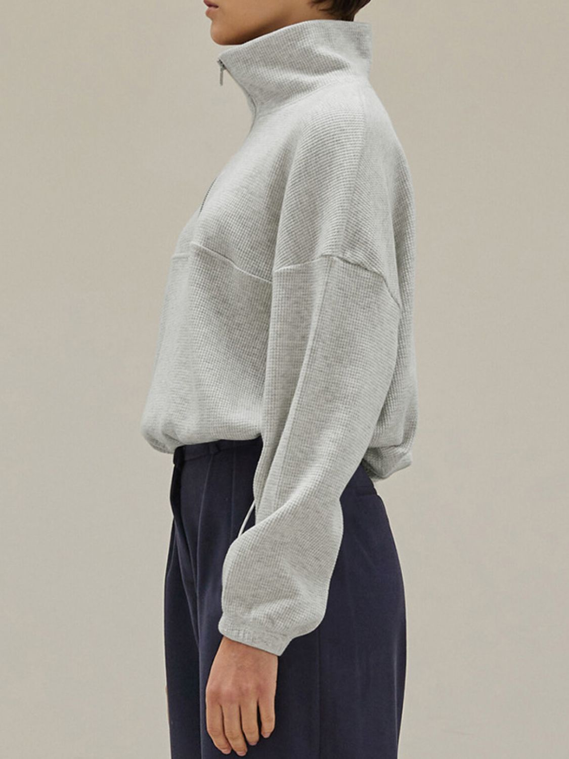 Women's Digi Knit Drawstring Waist Half Zip Relaxed Turtleneck Long Sleeve Sweater