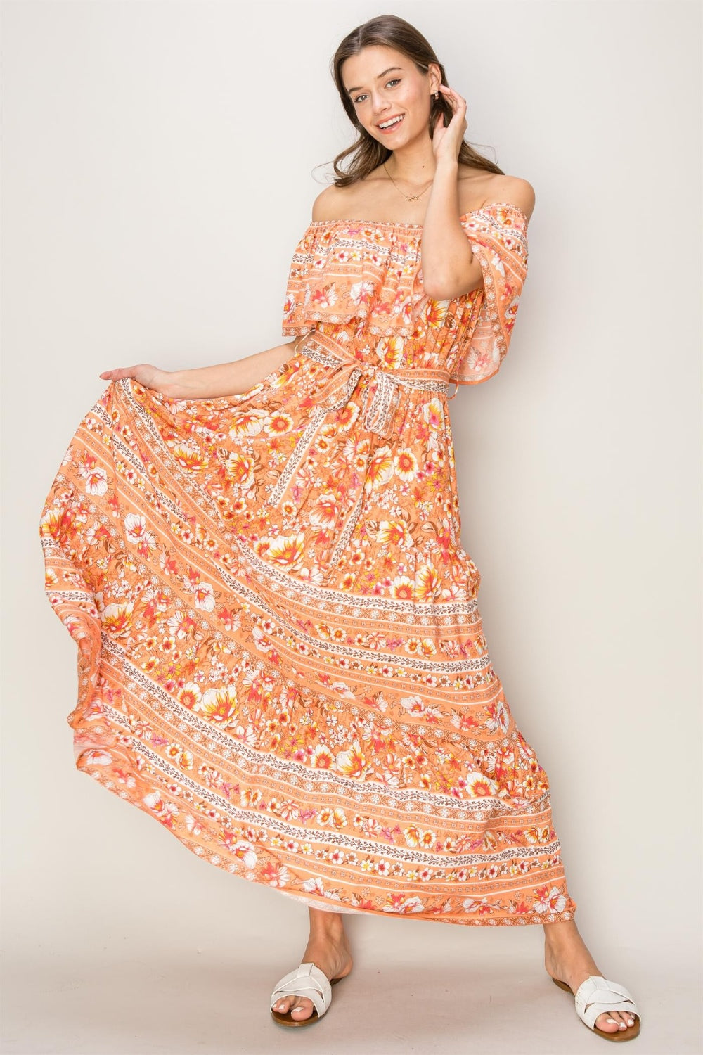 Womens Floral Off-Shoulder Ruffled Tie Front Maxi Dress
