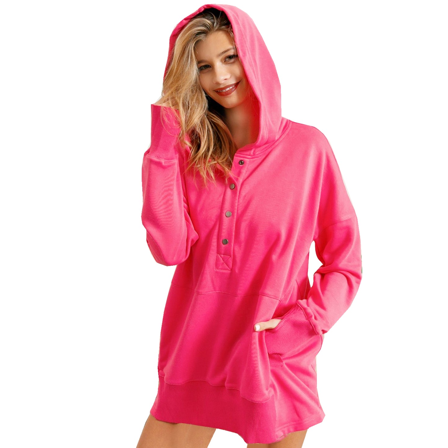 Women's Fuchsia Oversized Tunic Pullover Hoodie with Thumb Holes