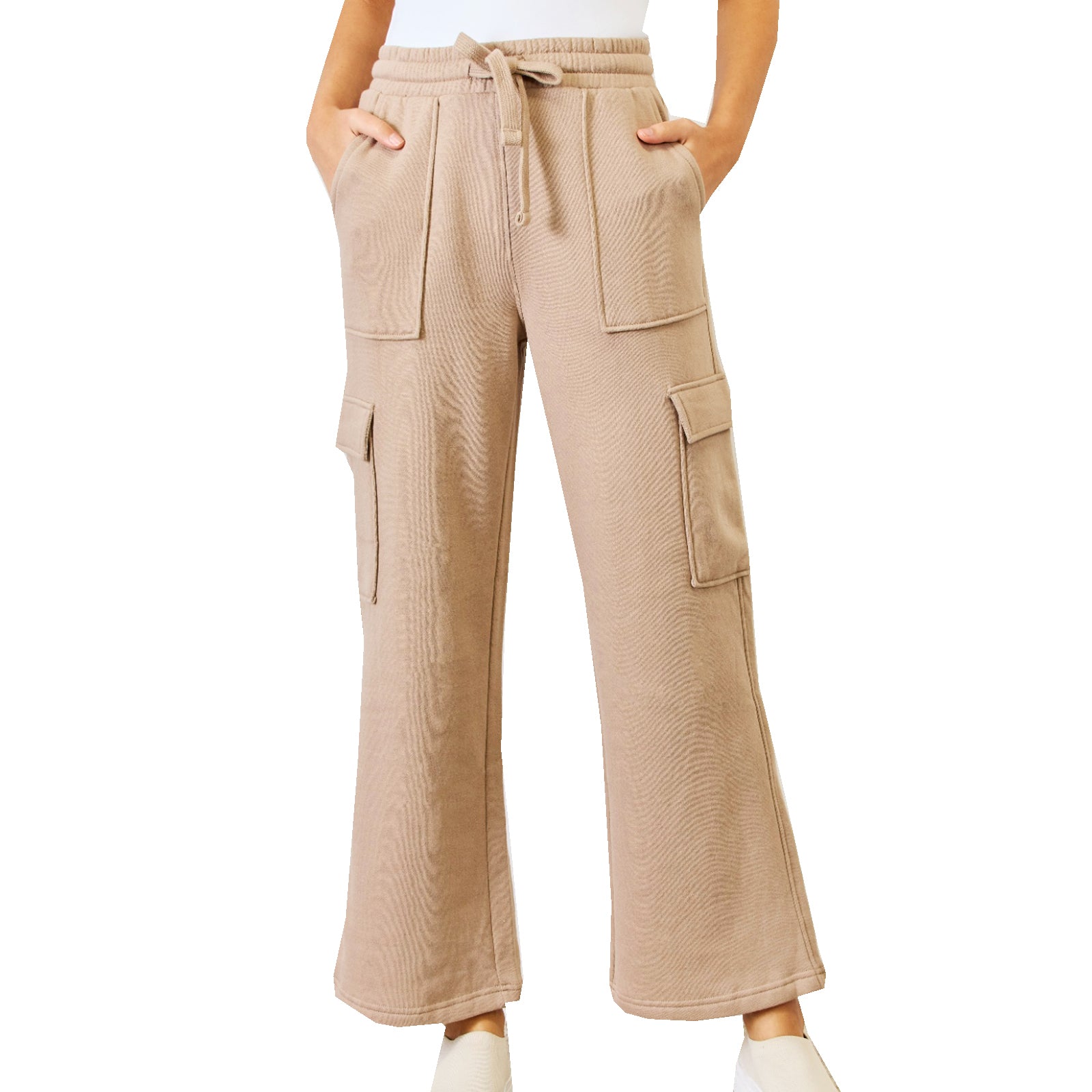 Women's Tan Beige Drawstring Sweatpants Wide Leg Flare Cargo