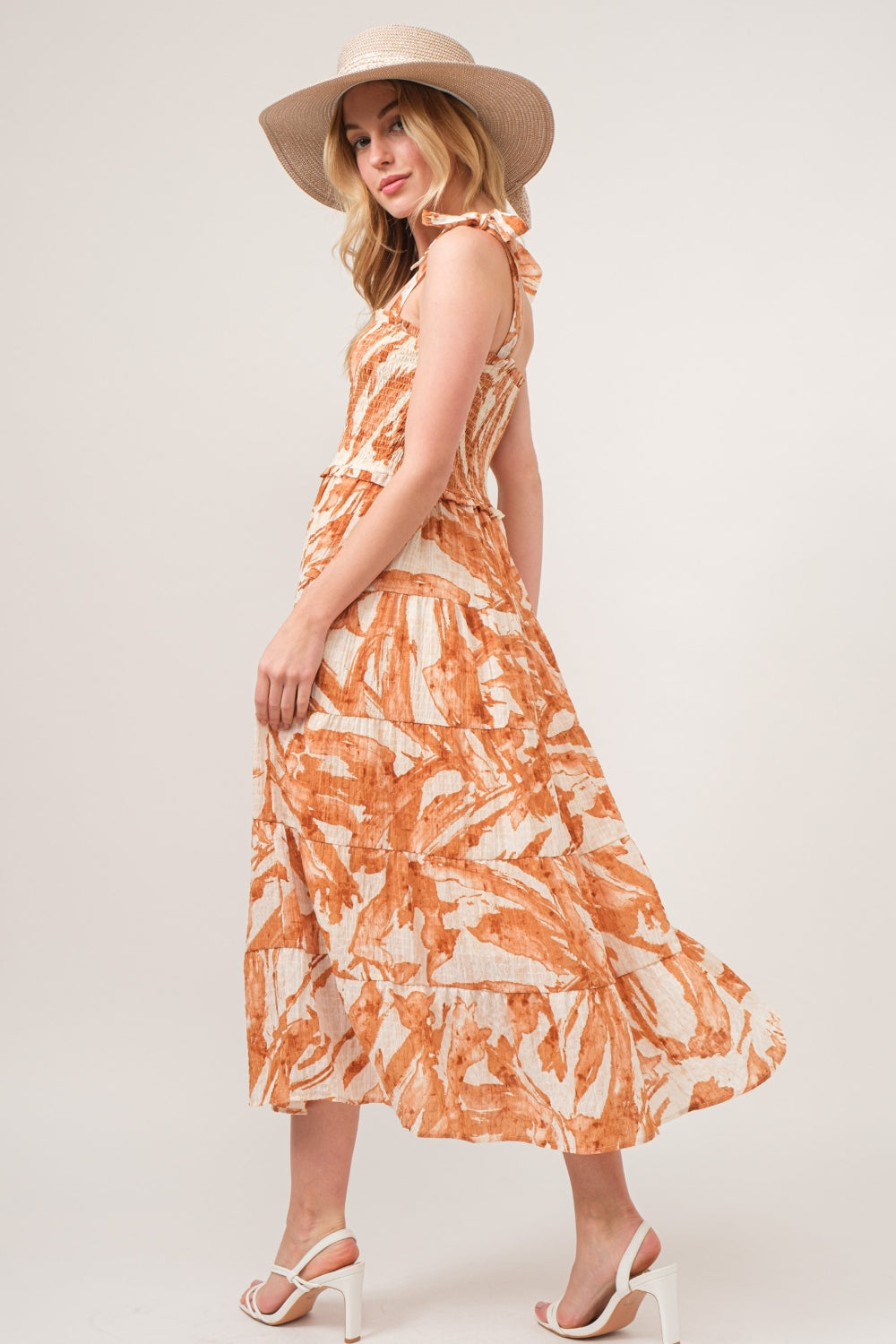 Women's Summer Smocked Midi Tiered Tie Shoulder Dress