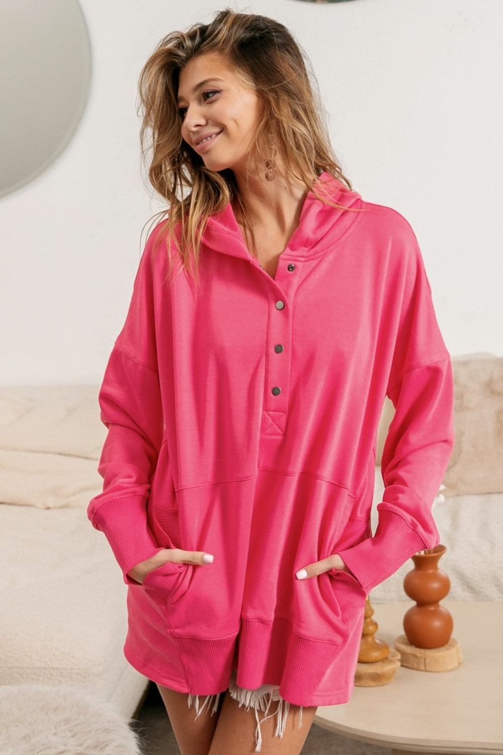 Women's Fuchsia Oversized Tunic Pullover Hoodie with Thumb Holes