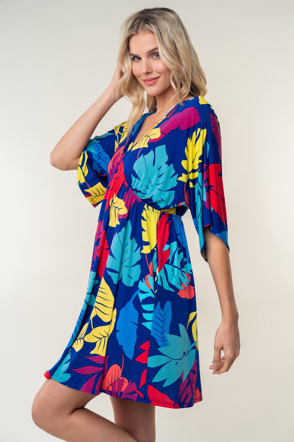 Women's Royal Blue Printed V-Neck Mid Sleeve Mini Dress