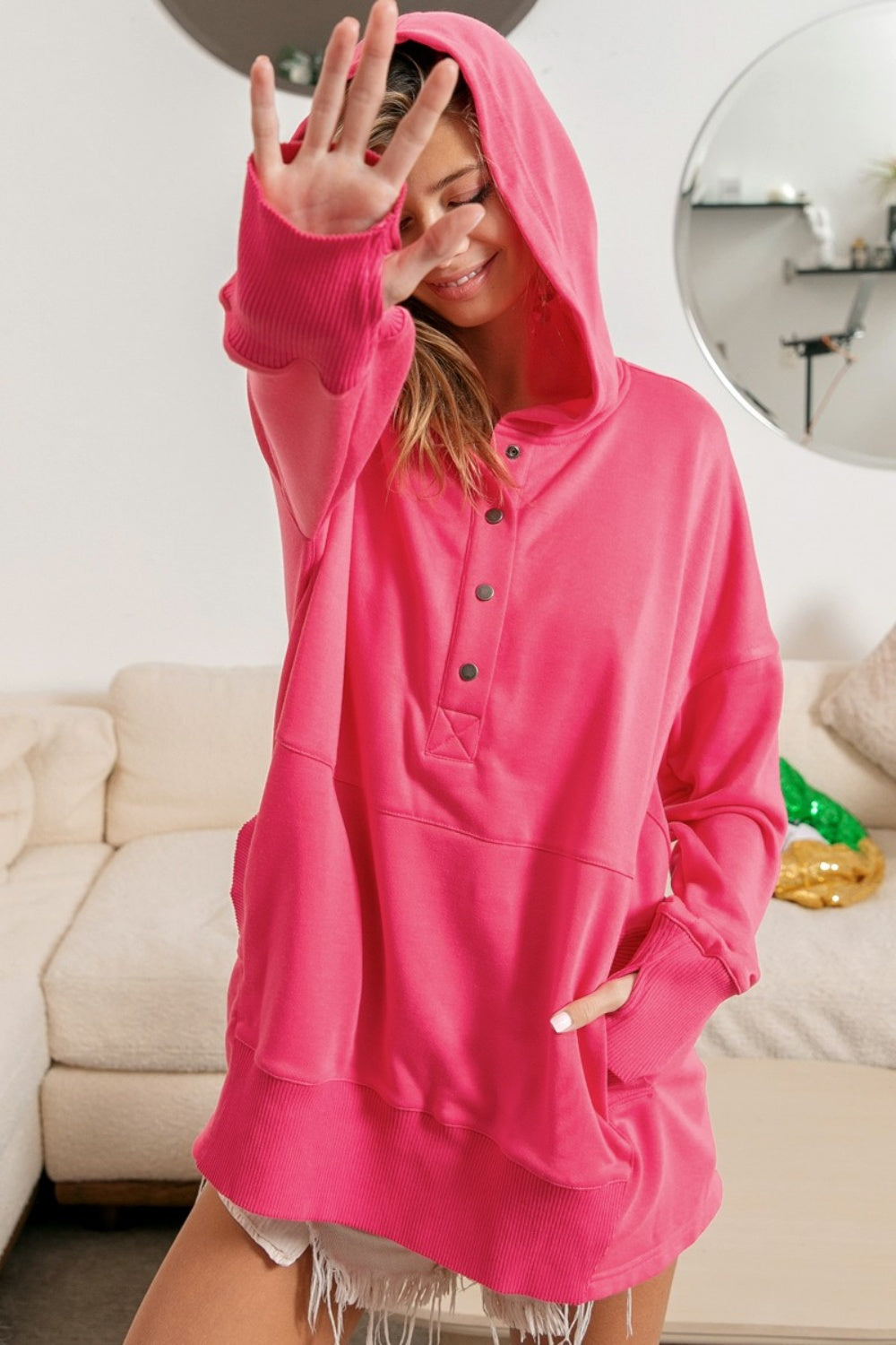 Women's Fuchsia Oversized Tunic Pullover Hoodie with Thumb Holes