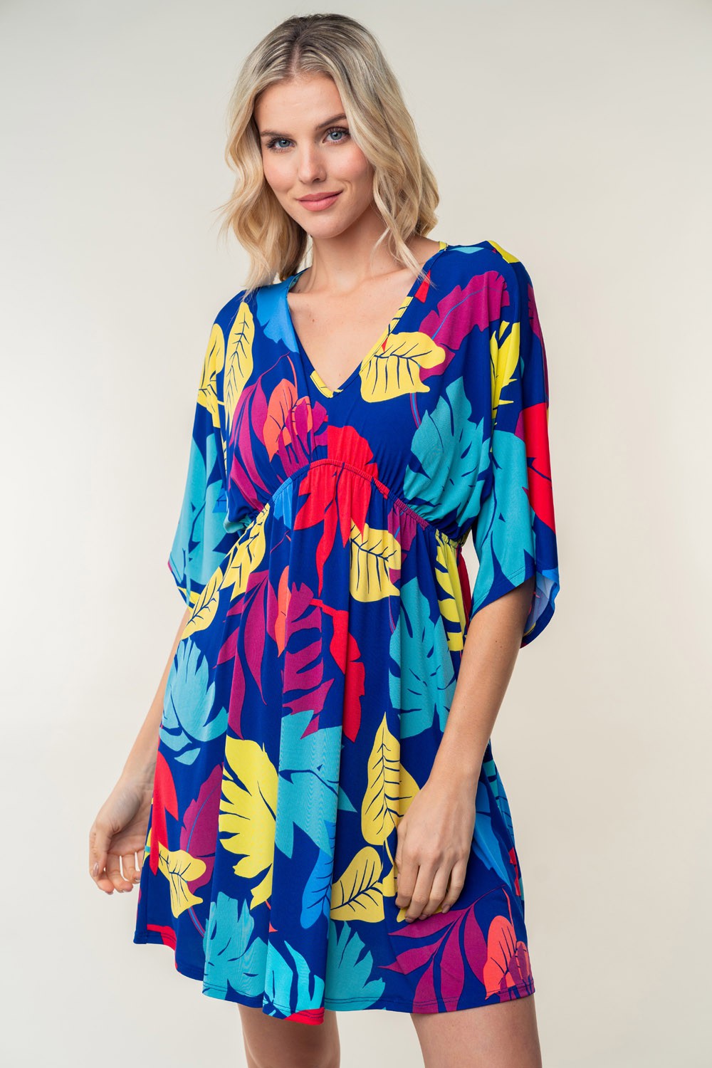 Women's Royal Blue Printed V-Neck Mid Sleeve Mini Dress