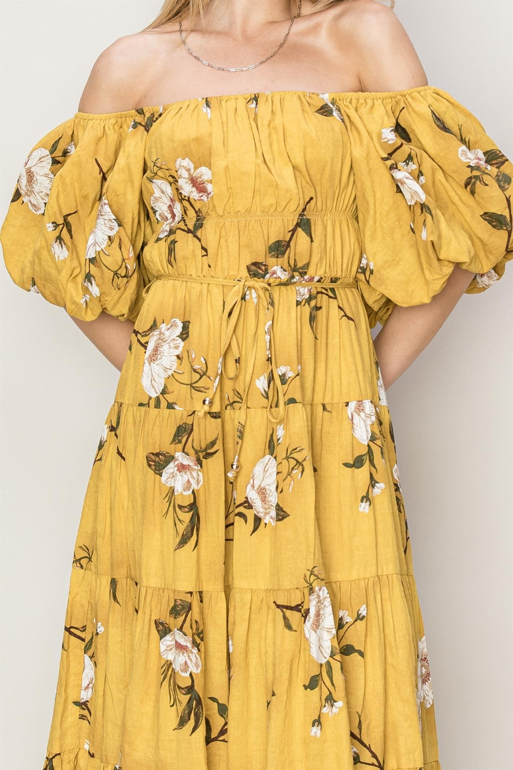 Womens Yellow Floral Off-Shoulder Puff Sleeve Tiered Maxi Dress