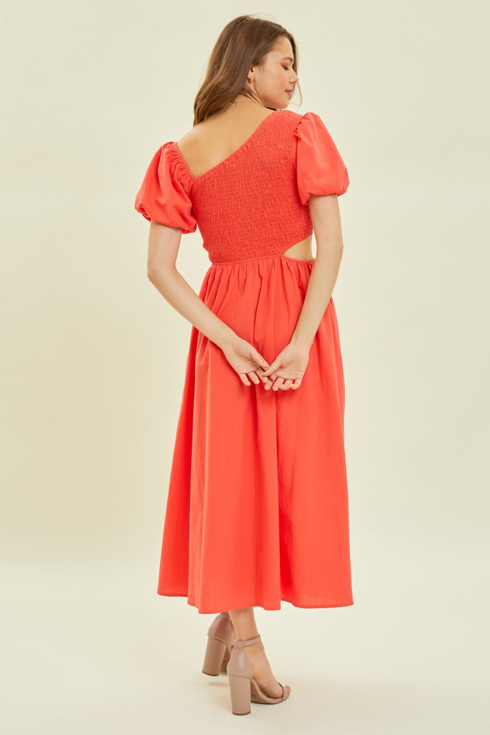 Women's Orange Red Smocked Cutout Puff Sleeve Midi Dress