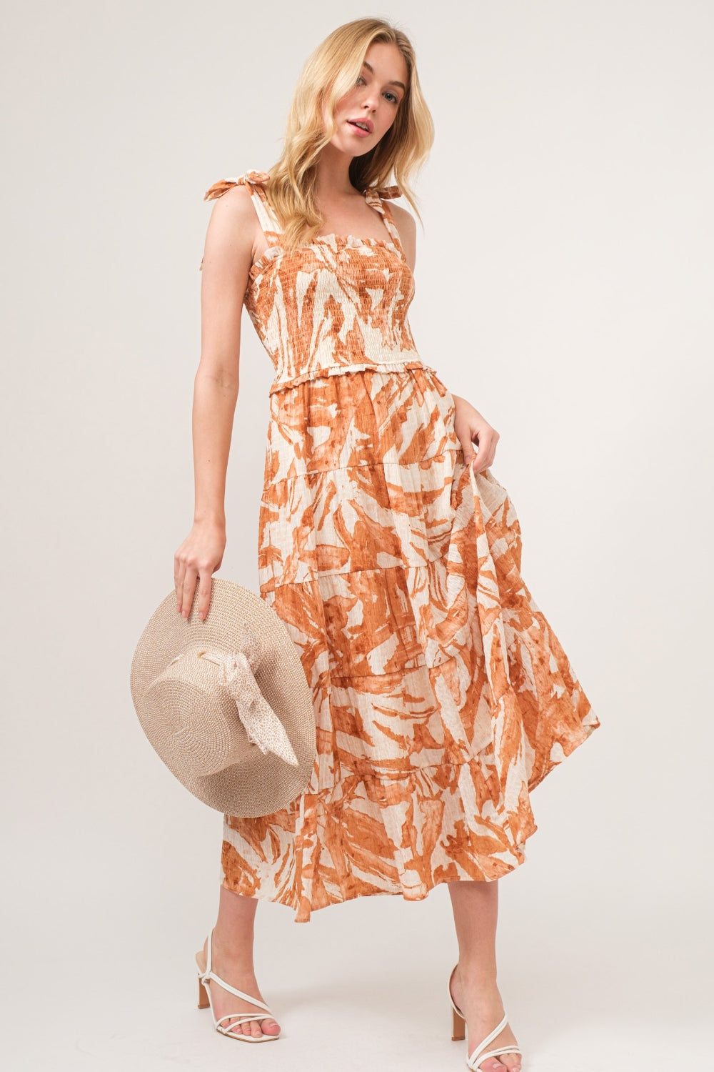 Women's Summer Smocked Midi Tiered Tie Shoulder Dress