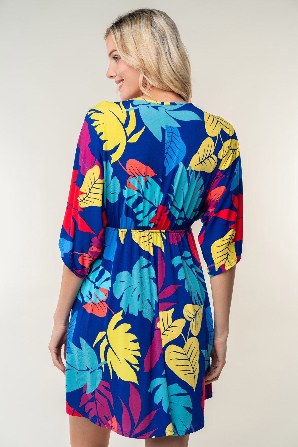 Women's Royal Blue Printed V-Neck Mid Sleeve Mini Dress