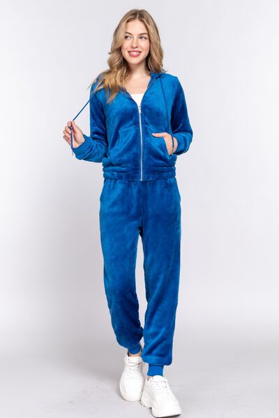 Womens Ocean Blue Velvet Velour Hoodie Jogger Set Full Zip