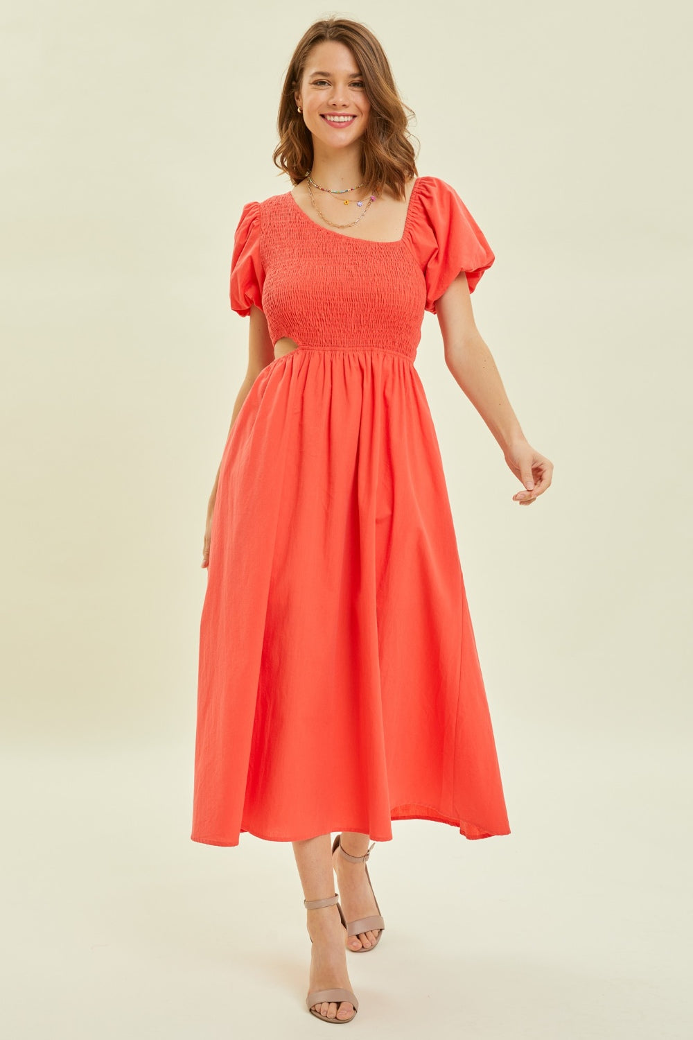 Women's Orange Red Smocked Cutout Puff Sleeve Midi Dress