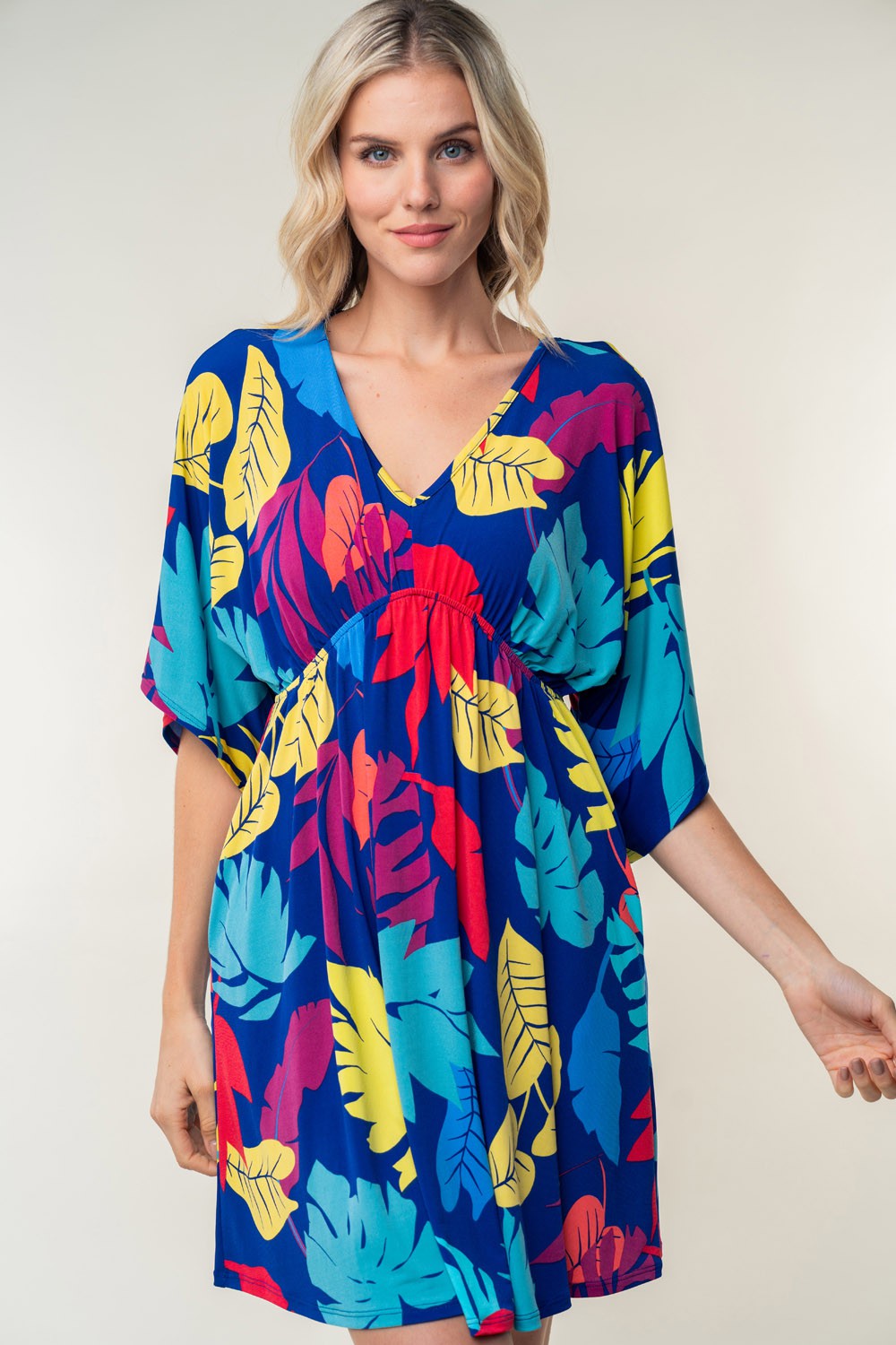 Women's Royal Blue Printed V-Neck Mid Sleeve Mini Dress