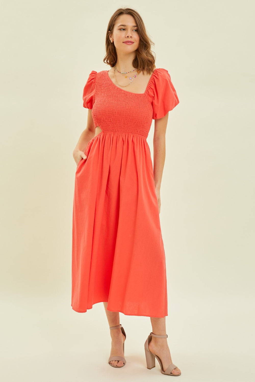 Women's Orange Red Smocked Cutout Puff Sleeve Midi Dress